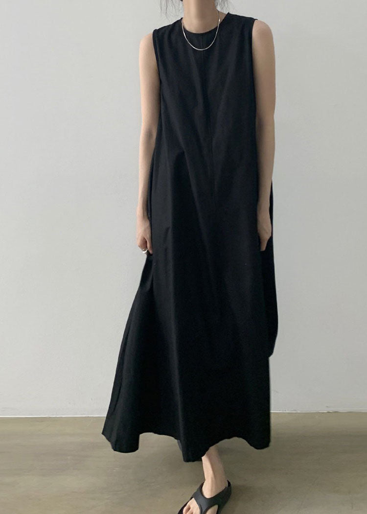 Black Sleeveless Robe O-Neck Cotton Dresses FashionChic