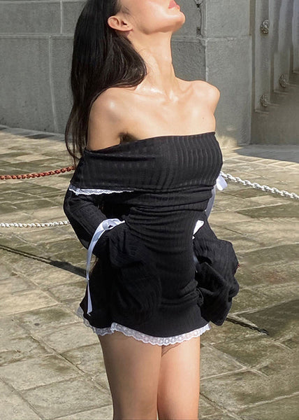 Lace Cotton Bow Dress Knitting Black Spring Neck Slim Fit Slash FashionChic