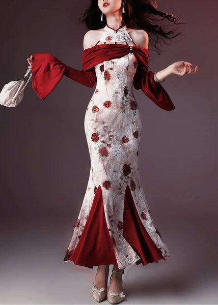 Velvet Print Patchwork Fishtail Chic Silk Red Flare Dresses FashionChic