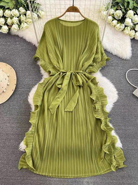Elegant Apricot Round Neck Pleated Batwing Sleeve Lace-up Dress NN012 Genistyle Shop
