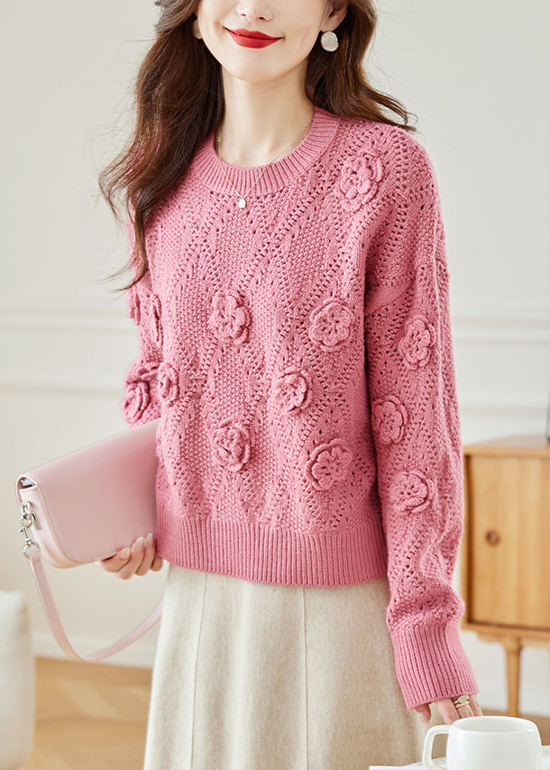 Floral Pink Hollow Out Solid Knit Sweaters Fall QC033 shopify
