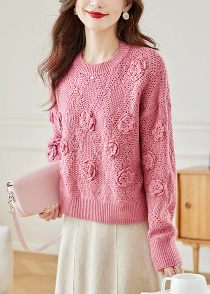 Floral Pink Hollow Out Solid Knit Sweaters Fall QC033 shopify