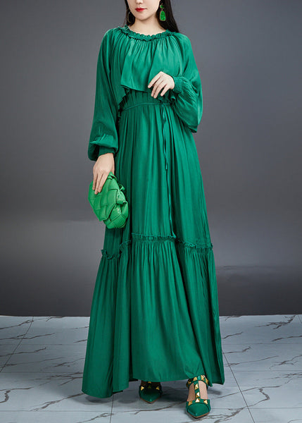 Italian Green Ruffled Pockets Tie Waist Cotton Maxi Dress Fall AJ1028 JDML-240909