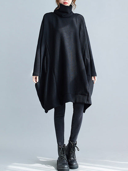 Casual Loose Black Heaps Collar Pockets A-line Long Sleeve Sweater AN1065 Genistyle Shop