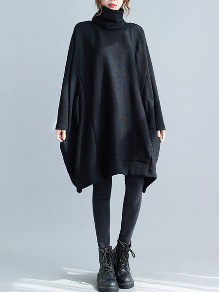 Casual Loose Black Heaps Collar Pockets A-line Long Sleeve Sweater AN1065 Genistyle Shop