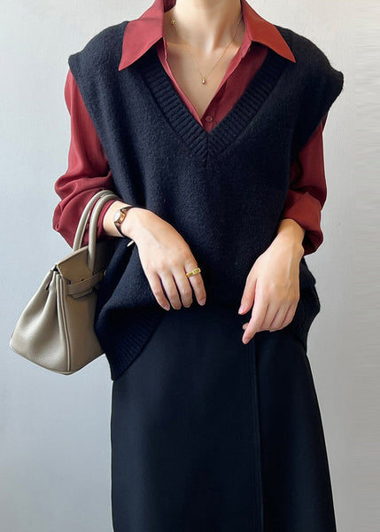 Simple Versatile Khaki V Neck Knit Vest Sleeveless AF1064 HS-VTP240914