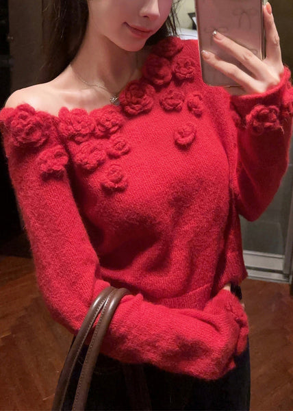 Red Floral Patchwork Knit Sweater Asymmetrical Winter WV006 ABC