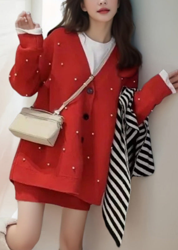 Fashion Red V Neck Nail Bead Cotton Knit Cardigan And Skirts Two Pieces Set Winter WV001 ABC