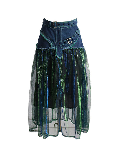 Stylish Denim With Belted Patchwork Blue Green Tulle A-Line Skirt TT1038 shopify
