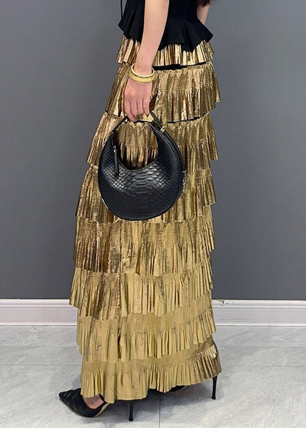 Stylish Gold High Waist Layered Wrinkled Skirts Summer AO1003 JDML-SKTS240909