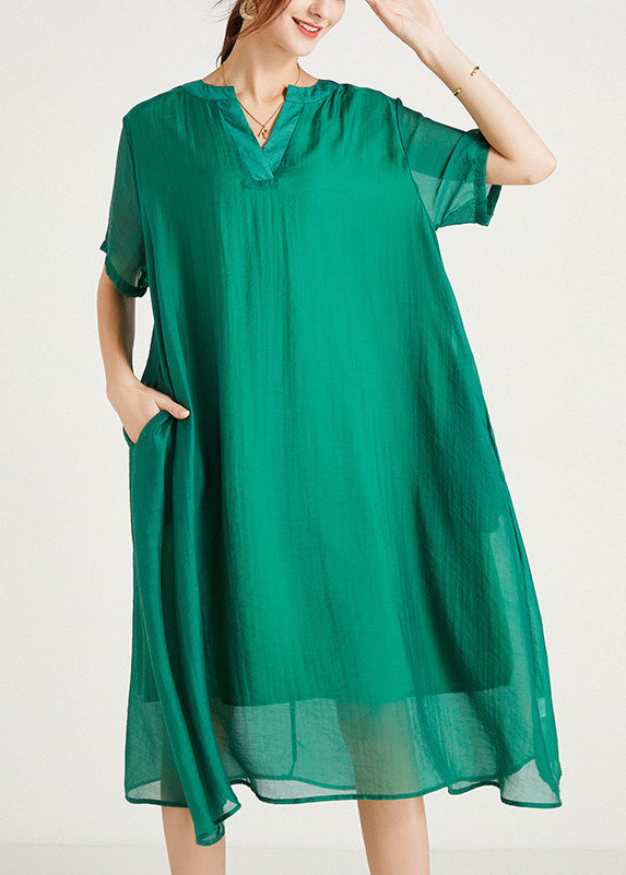 Size Summer Cotton Plus Dresses V Neck Women Green FashionChic