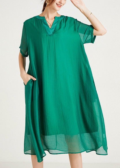 Size Summer Cotton Plus Dresses V Neck Women Green FashionChic
