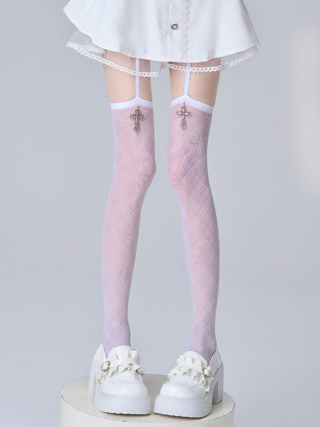 Goth Decoration Black/White Suspender Pattern Cross Diamond Stockings FashionChic
