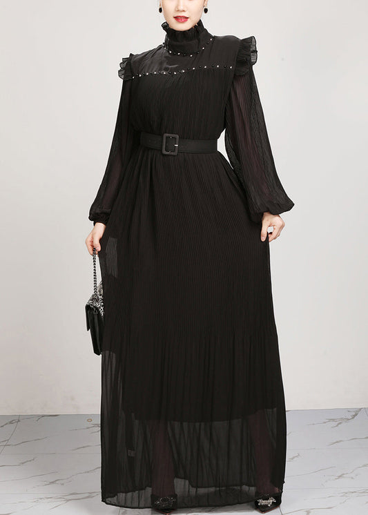 French Black Ruffled Solid Chiffon Maxi Dresses Fall AR1038 JDML-240823