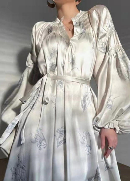 French Beige Print Tie Waist Silk Maxi Dress Long Sleeve AJ1016 shopify