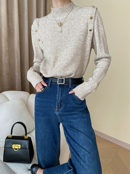 Elegant Grey High-Neck Buttoned Decor Long Sleeve Knit Sweater AN1050 Genistyle Shop