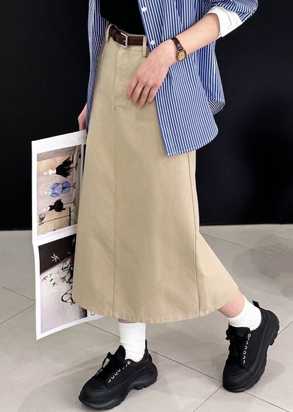 Khaki Side Open Solid Cotton Skirt High Waist AF1068 HS-SKTS240914