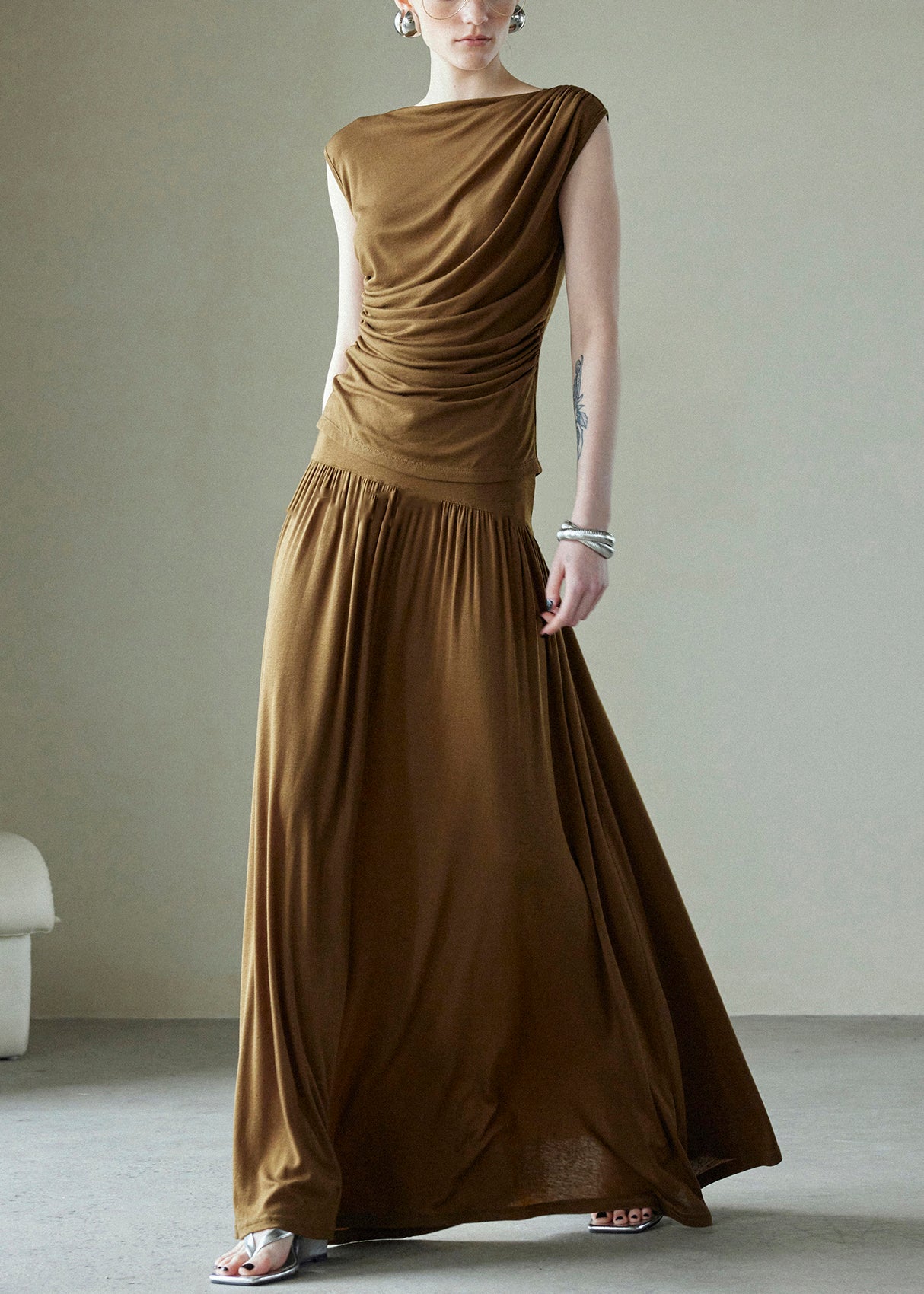 Pieces Wrinkled Brown Set Original Cotton Two Design Simple FashionChic