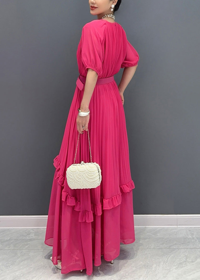 Natural Red Ruffled Patchwork Sashes Chiffon Long Dress Summer AO1047 JDML-SDL240909
