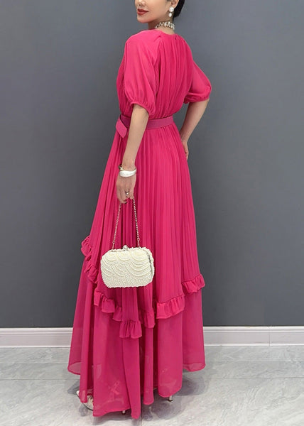 Natural Red Ruffled Patchwork Sashes Chiffon Long Dress Summer AO1047 JDML-SDL240909