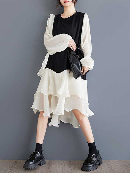 Chic Black Round-Neck Patchwork Contrast Color Ruffle Trim High-Low Long Sleeve Dress TW019 ABC