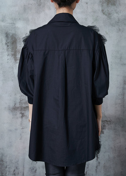 Italian Black Ruffled Patchwork Gemstone Cotton Blouses Fall PZGY-LTP240826