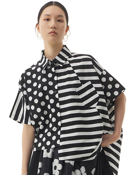 Plus Size Women Cotton Stripe Dot Loose Irregular Shirt AA1022 Ada Fashion