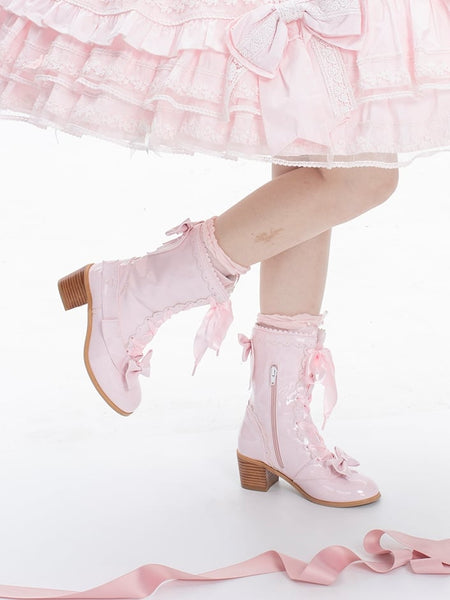 PU Lolita Leather Pink with Bow Boots Mid-Heel Detail Sweet Polished FashionChic