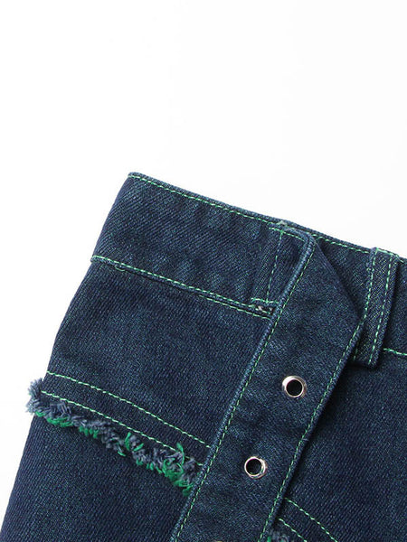 Denim Shiny Waisted Skirt A-Line Green Belted Chic High Tulle FashionChic