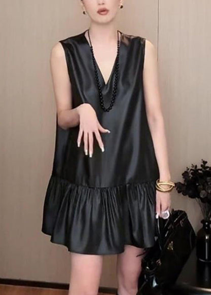 New Black V Neck Solid Silk Mid Dress Sleeveless QP033 OL-SDM241001