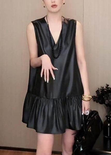 New Black V Neck Solid Silk Mid Dress Sleeveless QP033 OL-SDM241001