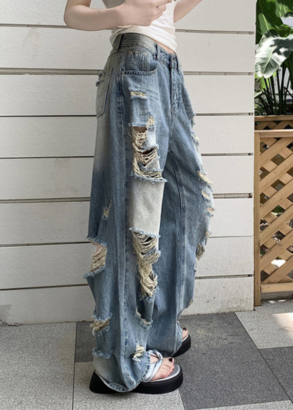 Boho Blue Pockets Patchwork Hole Denim Pants Fall QC012 shopify