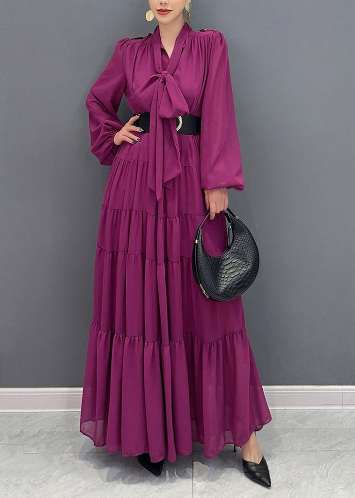 Chic Purple V Neck Patchwork Party Chiffon Long Dress Fall AO1040 JDML-FDL240909