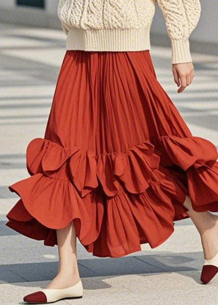 Patchwork A Line DIY Skirts Spring Red Ruffled FashionChic
