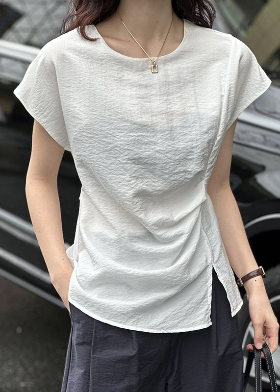 White Solid Front Open Cotton Top O Neck Summer AF1004 HS-STP240914