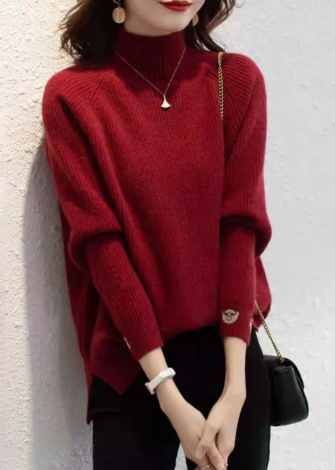 Organic Red Print Turtleneck Cotton Knit Sweaters Fall QP045 OL-NTP241001
