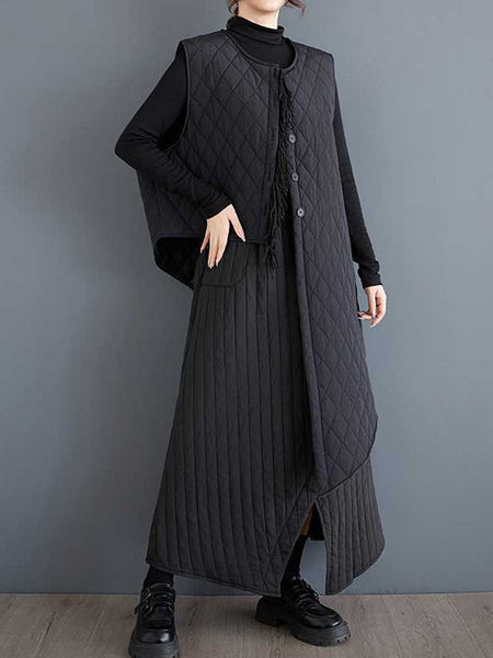 Casual Black Round-Neck Asymmetric Buttoned Quilted Sleeveless Padded Vest TW014 ABC