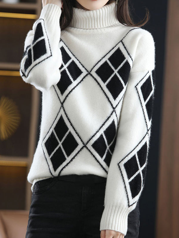 Casual Red High-Neck Contrast Color Plaid Long Sleeves Sweater QX014 shopify