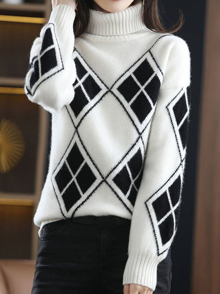 Casual Red High-Neck Contrast Color Plaid Long Sleeves Sweater QX014 shopify