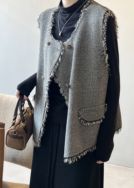 Chic Grey Tasseled Double Breast Knit Vest Sleeveless AF1053 HS-VTP240914