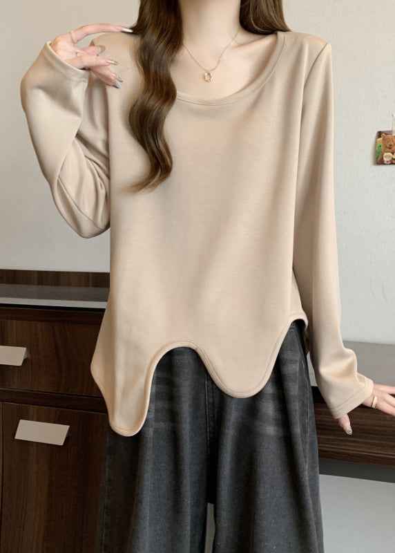 Simple Khaki O Neck Asymmetrical Design Cotton T Shirts Fall QC044 shopify