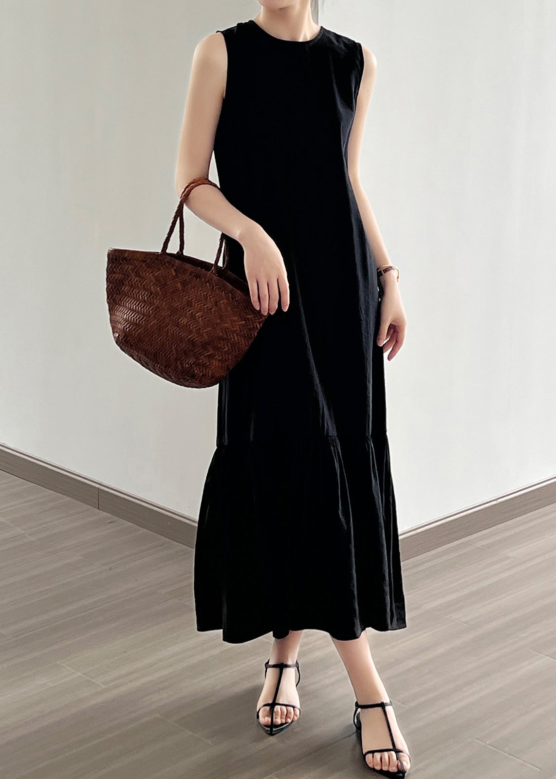 Black Wrinkled Cotton Long Dress O Neck Sleeveless NN021 shopify