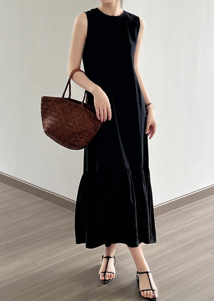 Black Wrinkled Cotton Long Dress O Neck Sleeveless NN021 shopify