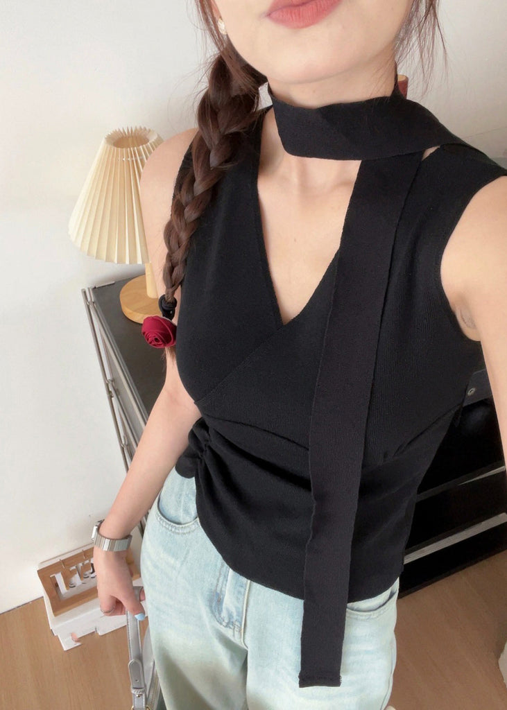 Handmade Black V Neck Wrinkled Scarf Knit Vest Summer AN1029 Genistyle Shop