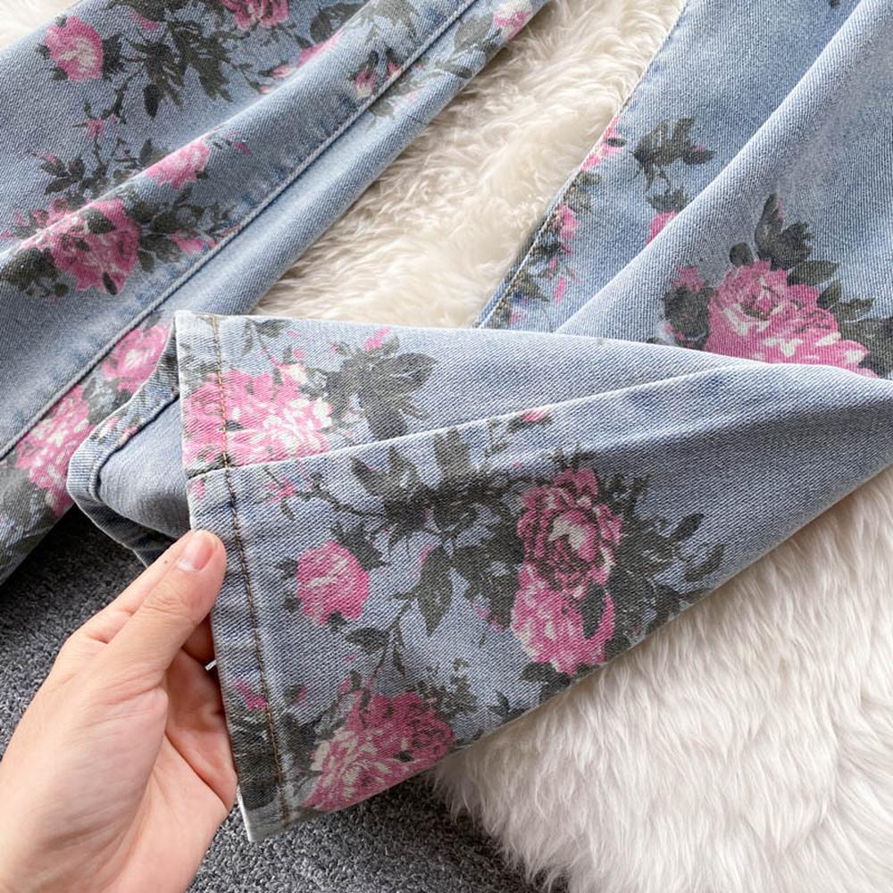 Women Blue Rose Print Wide Leg Denim Pants AR1016 shopify