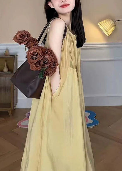Elegant Yellow O Neck Pockets Cotton Long Dress Sleeveless TT1048 shopify