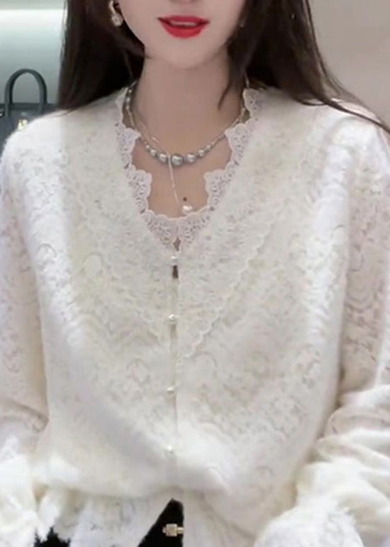 French Lace Neck White V Top Patchwork Spring FashionChic