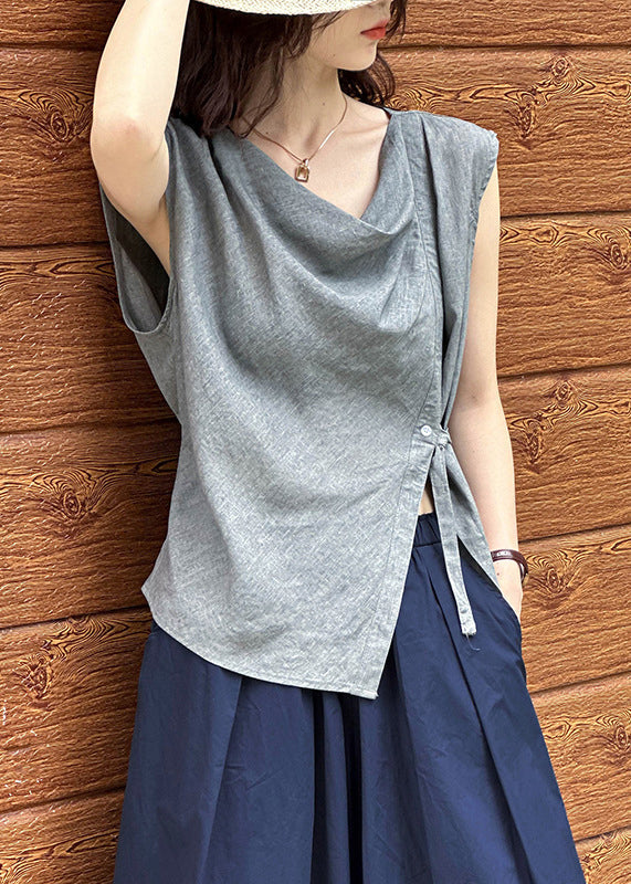 New Grey Asymmetrical Button Cotton Top Summer AF1039 HS-STP240914