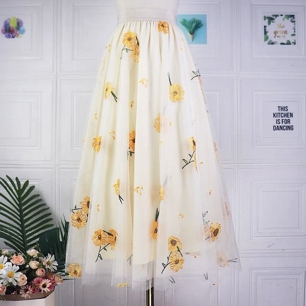 Fairy Beige High Waist Sunflower Embroidered Tulle Skirt NN009 Genistyle Shop