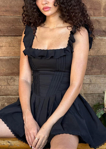 Black Ruffled Strap Spaghetti Summer Style Dress American FashionChic